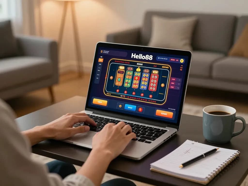 Hello88 gaming scene with a person engaged in online gambling, showcasing strategy and excitement