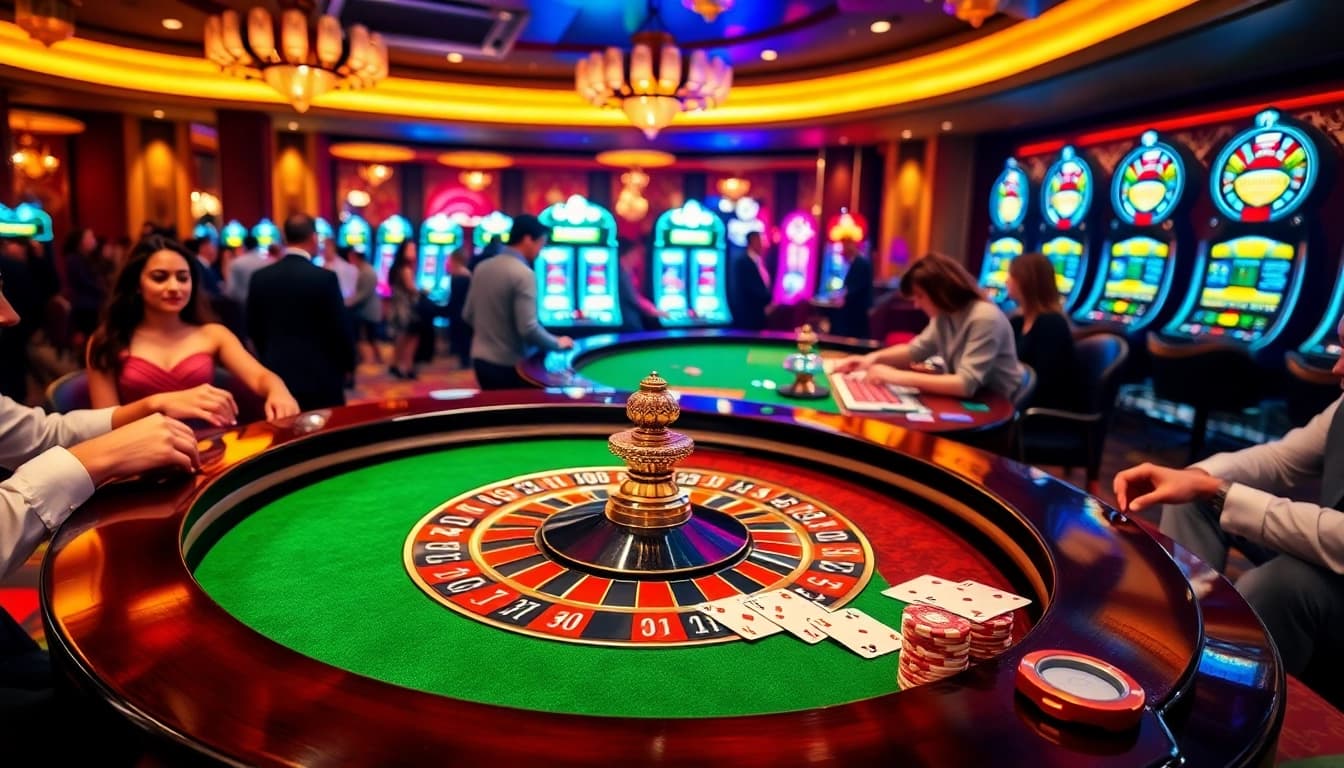 KONG88 poker players strategizing amidst vibrant casino lights.