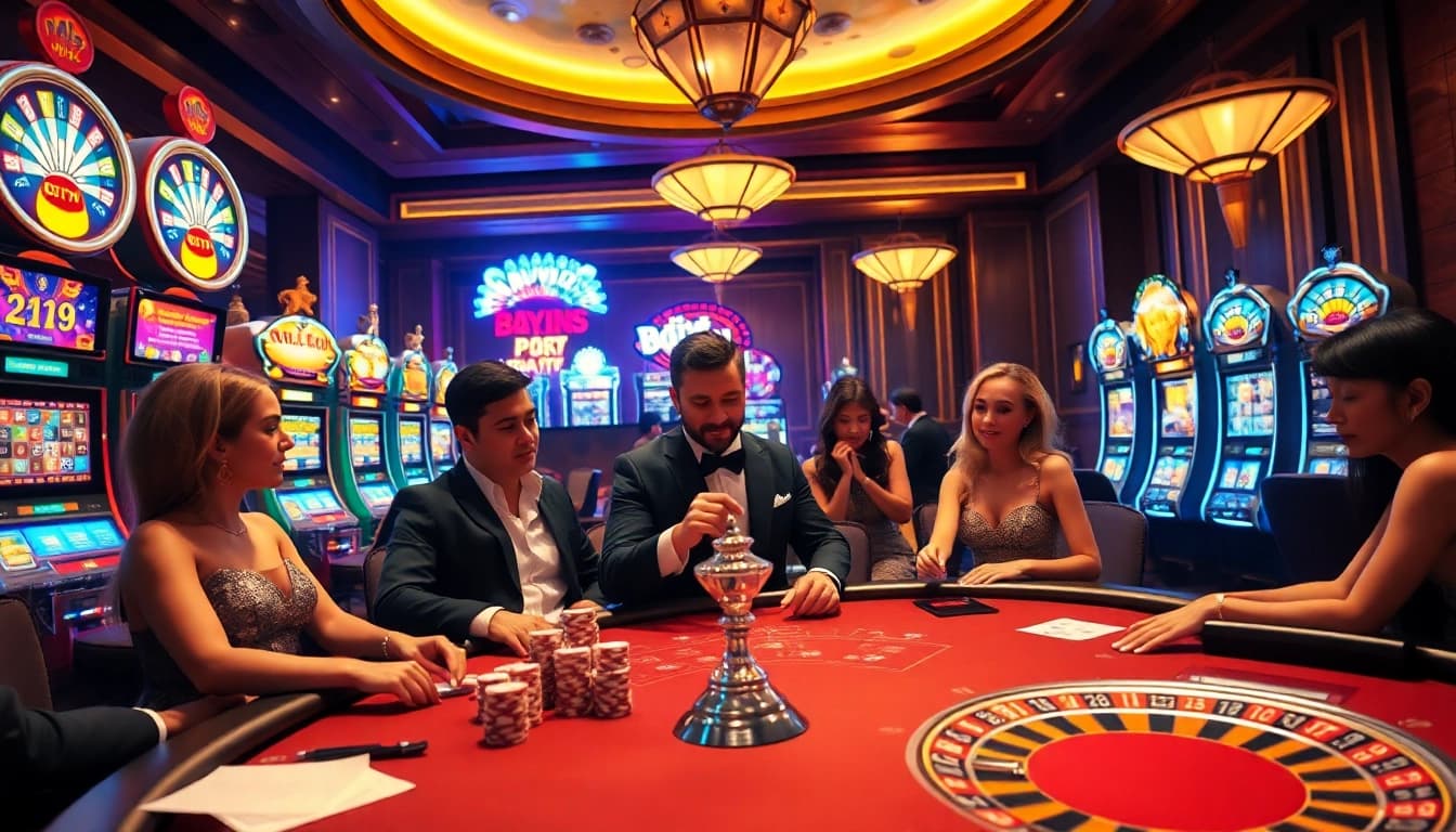 Excitement at 23win06 gaming tables featuring vibrant slot machines and poker players.