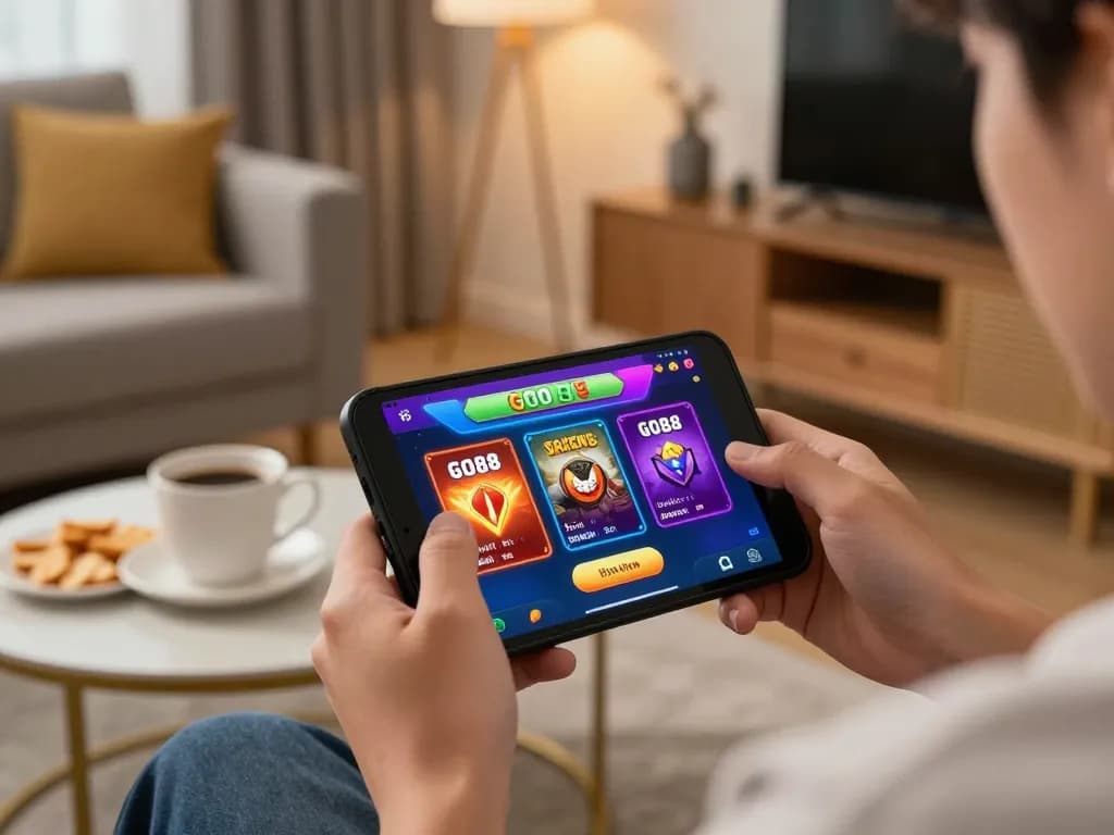 Engaging with go88 casino app on mobile device in a cozy home setup while enjoying casual gaming