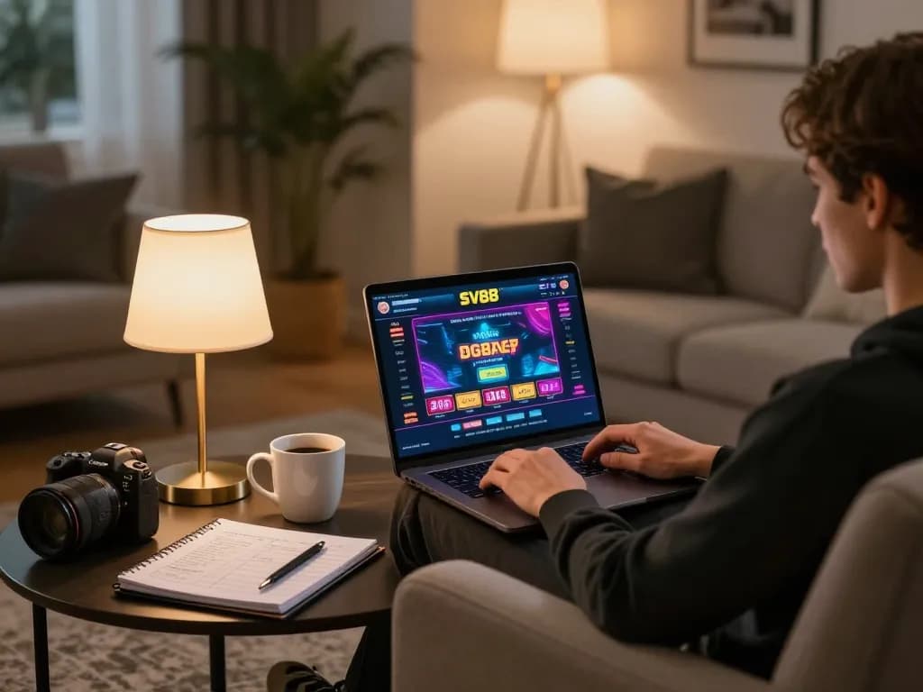 Player engaged with SV88 online casino interface on laptop, showcasing strategic gambling environment