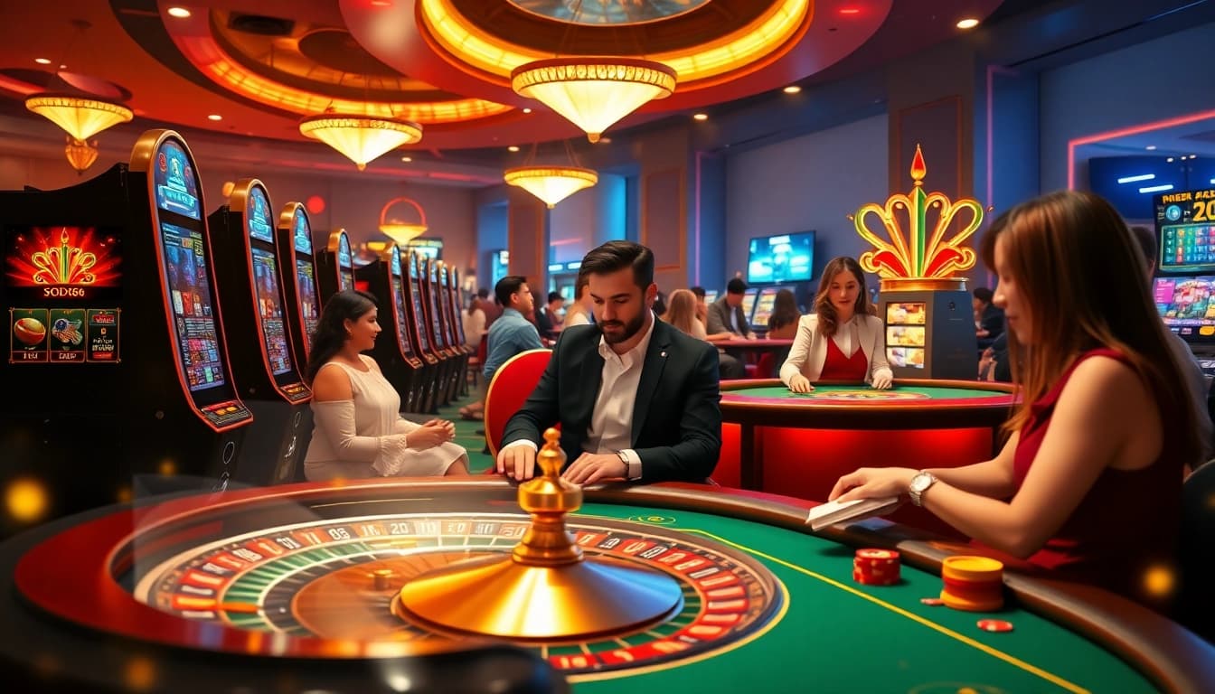 SODO66 players enjoying a thrilling online casino experience with vibrant slot machines and roulette.