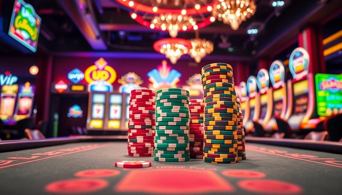 Engaging casino scene highlighting uvip娛樂 table games with vibrant chips in a lively atmosphere.