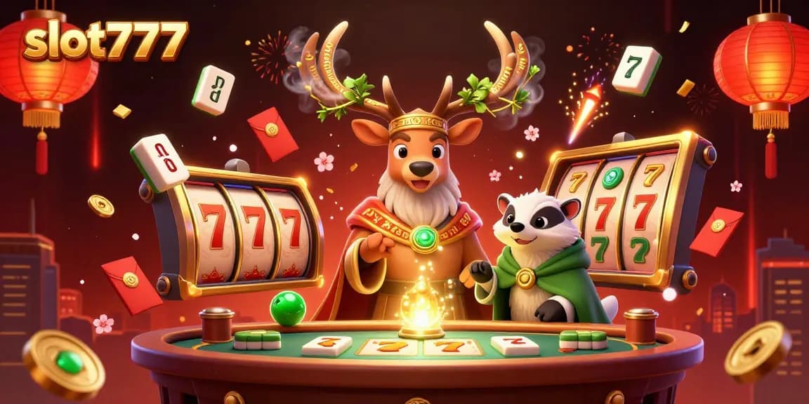 Experience the vibrant excitement of slot777 with a dazzling 3D casino scene filled with lucky symbols and festive elements.