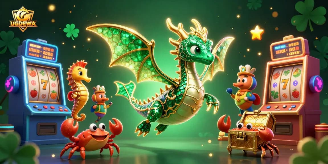 Spin the reels with UGDEWA's emerald sea dragon in a vibrant treasure-filled casino scene.