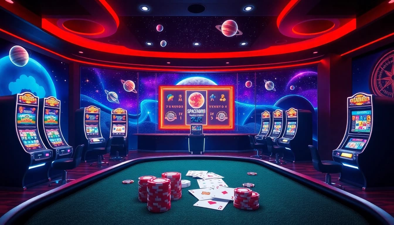 Play on the spaceman slot amidst vibrant luxury casino ambiance featuring modern gaming elements.