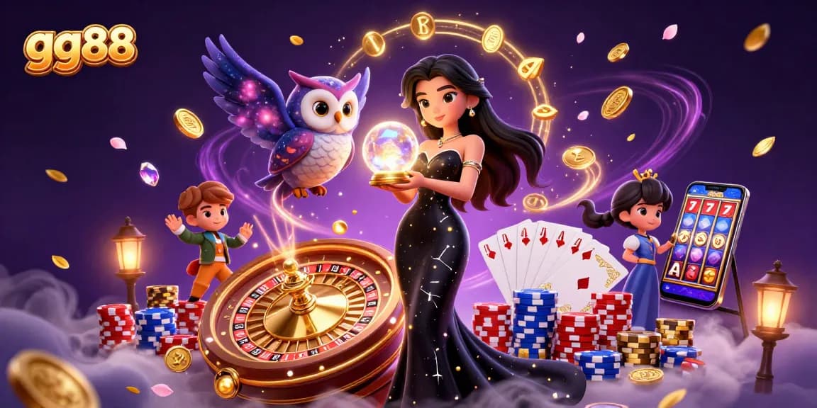 Experience the magic of gg88 with a mystical scene of casino elements and a captivating woman.