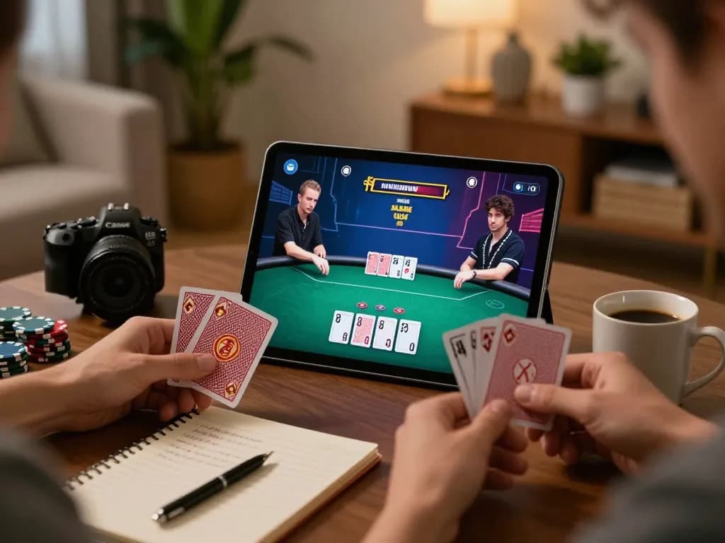 Players engaging with online poker gameplay on FAFA 828's platform while enjoying a cozy home setting.
