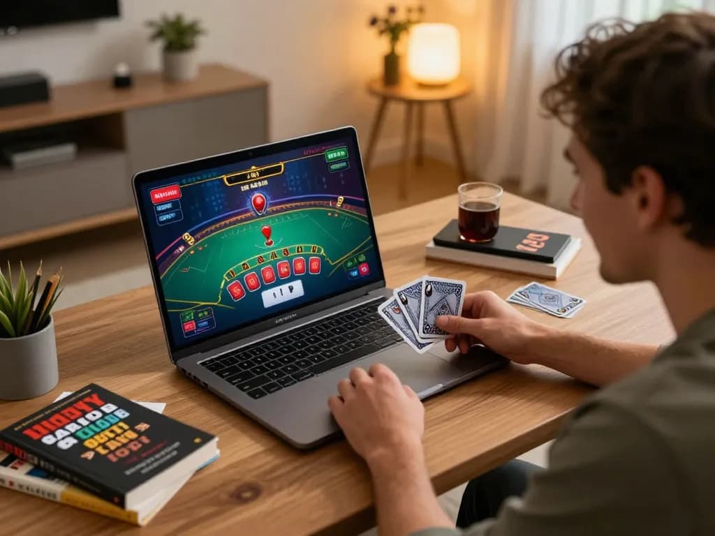 Player immersing in blackjack strategy on 789f gaming platform in modern home office setting
