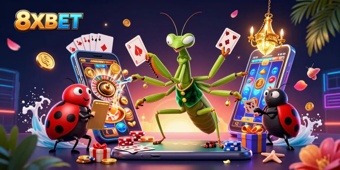 Engage with thrilling games at 8XBET, featuring vibrant characters in an exciting casino scene.