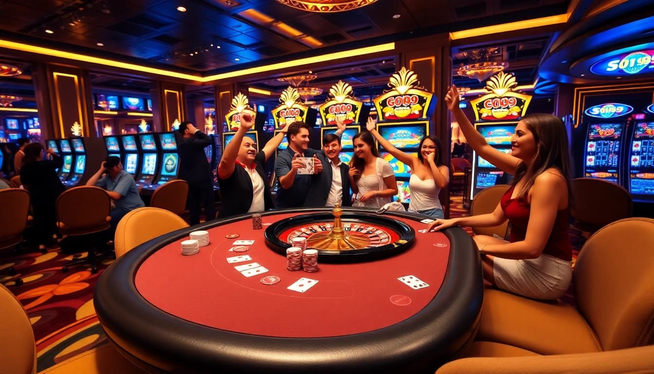 Players enjoying a thrilling game at the Go 99 casino table with vibrant poker chips.