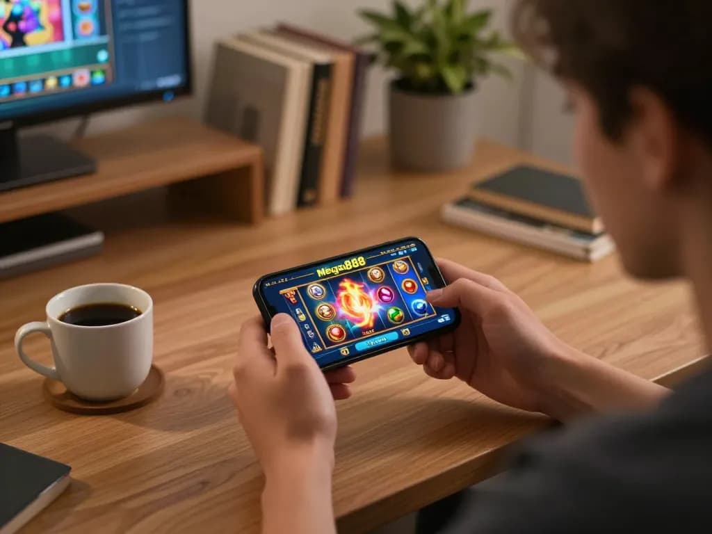 Mega888 Original app in use on smartphone highlighting exciting slot game interface during evening gaming session.