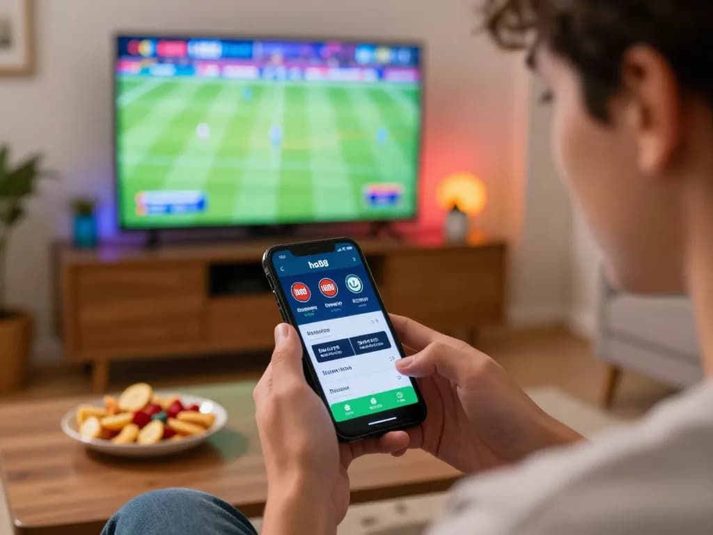 Engaging in sports betting on ho88 via smartphone in a cozy living room setting.
