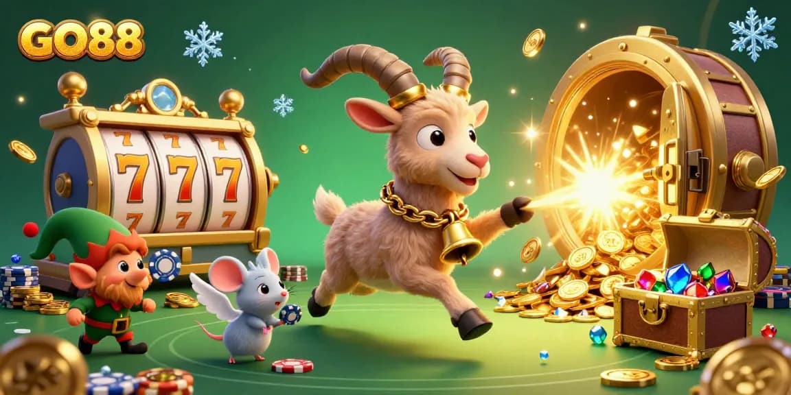 Experience GO88 excitement with a festive casino scene featuring Krampus and vibrant gameplay elements.