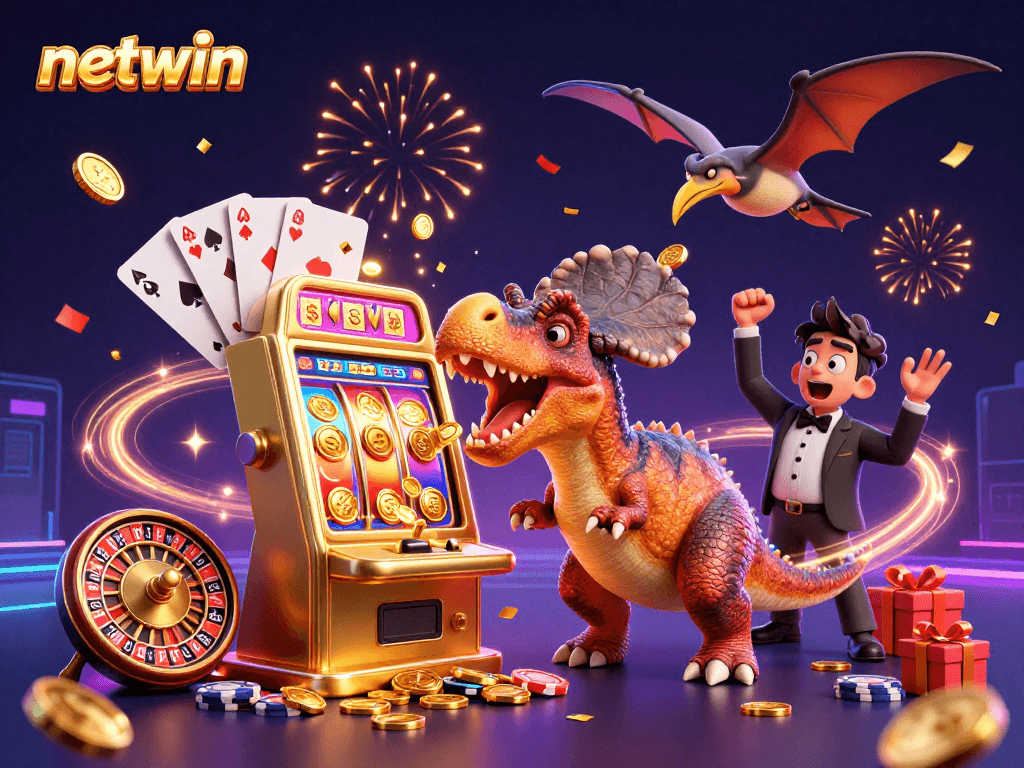 Join the fun as netwin's vibrant pachycephalosaurus gets a jackpot from the slot machine!