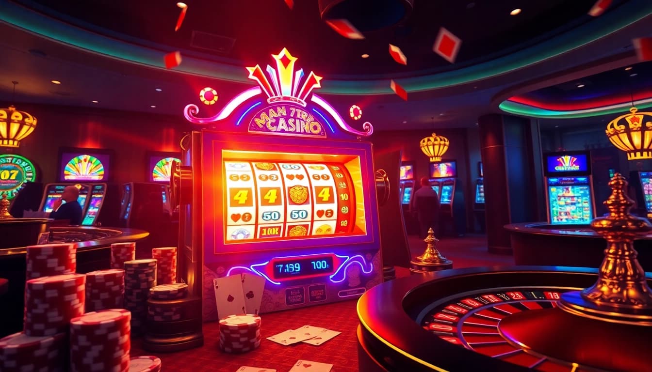 Suasana kasino yang cerah menampilkan aman788 slot gacor dengan pemain bersemangat mengelilingi mesin slot berwarna-warni.