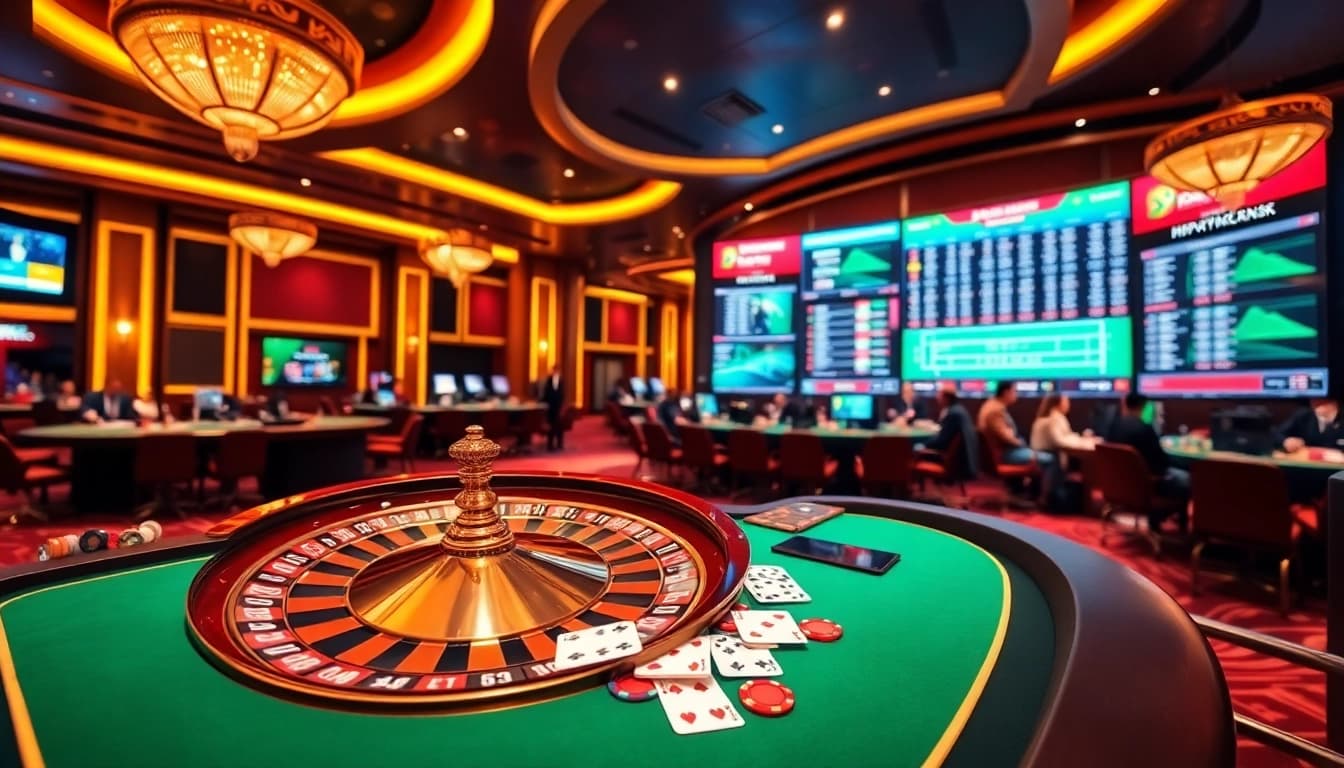 Professional gambler placing bets on a roulette wheel and poker chips at a Nhà cái uy tín with live casino action