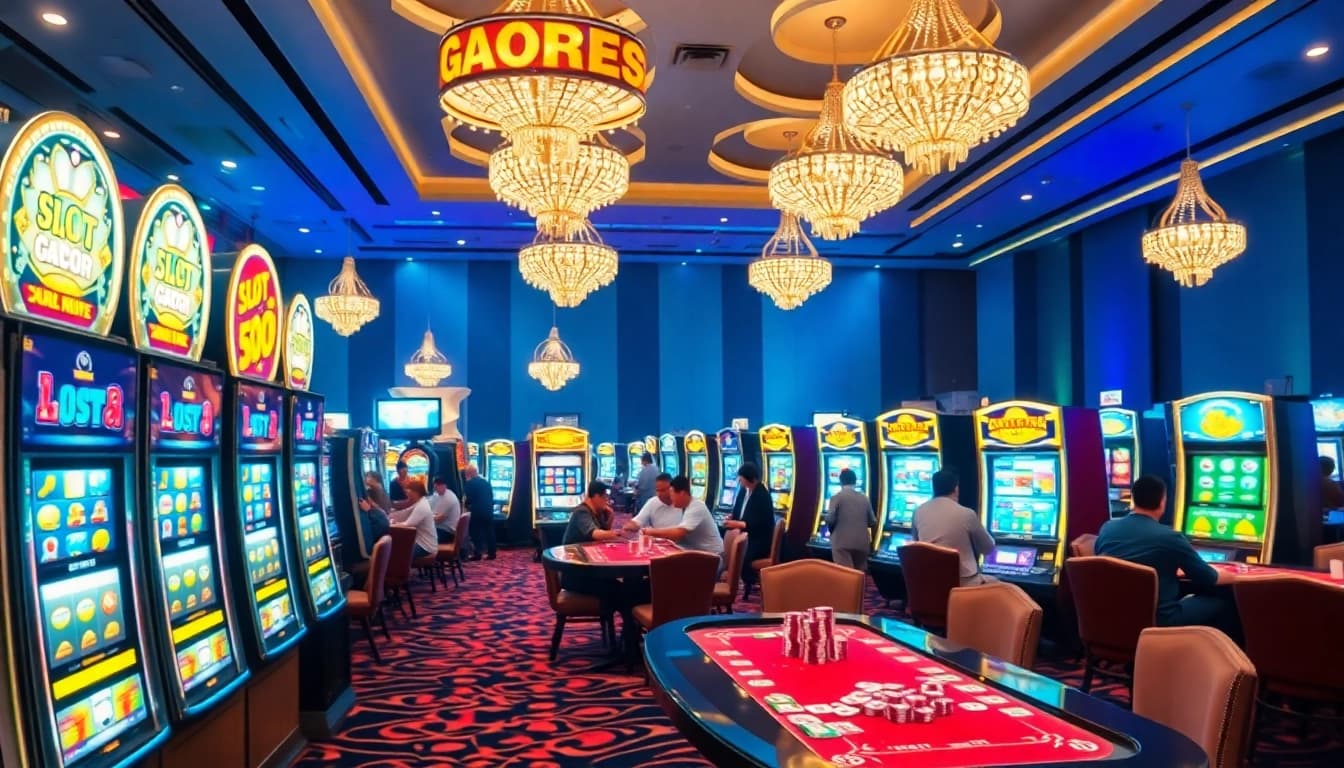 Experience the exciting world of slot gacor with vibrant casino gaming visuals featuring lively players and slot machines.