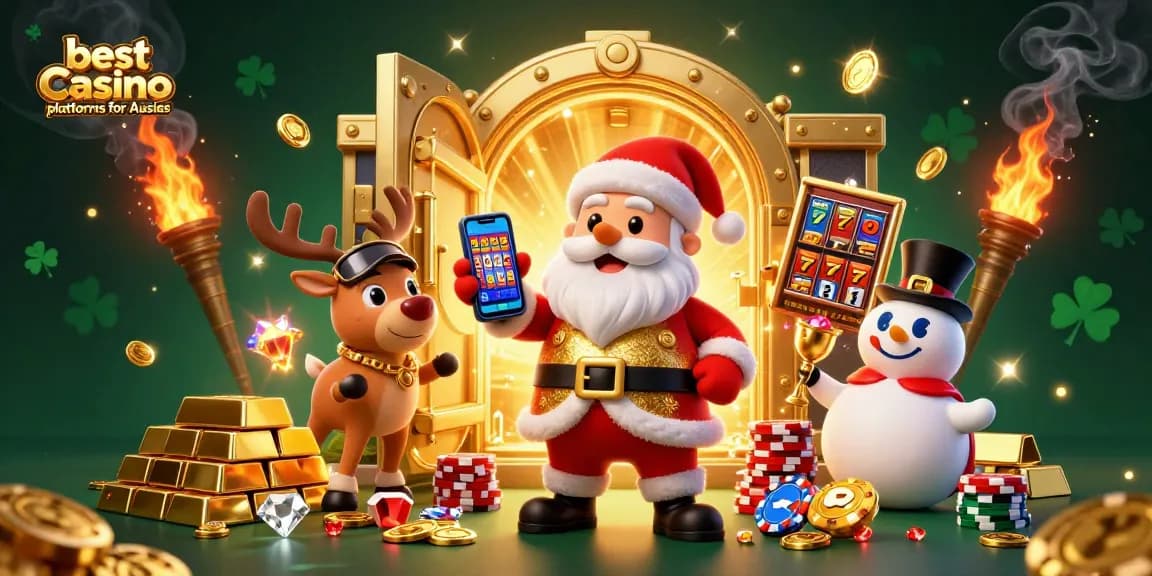 Explore the vibrant scene showcasing the best casino platforms for Aussies with Santa, his reindeer, and a snowman in a festive casino.