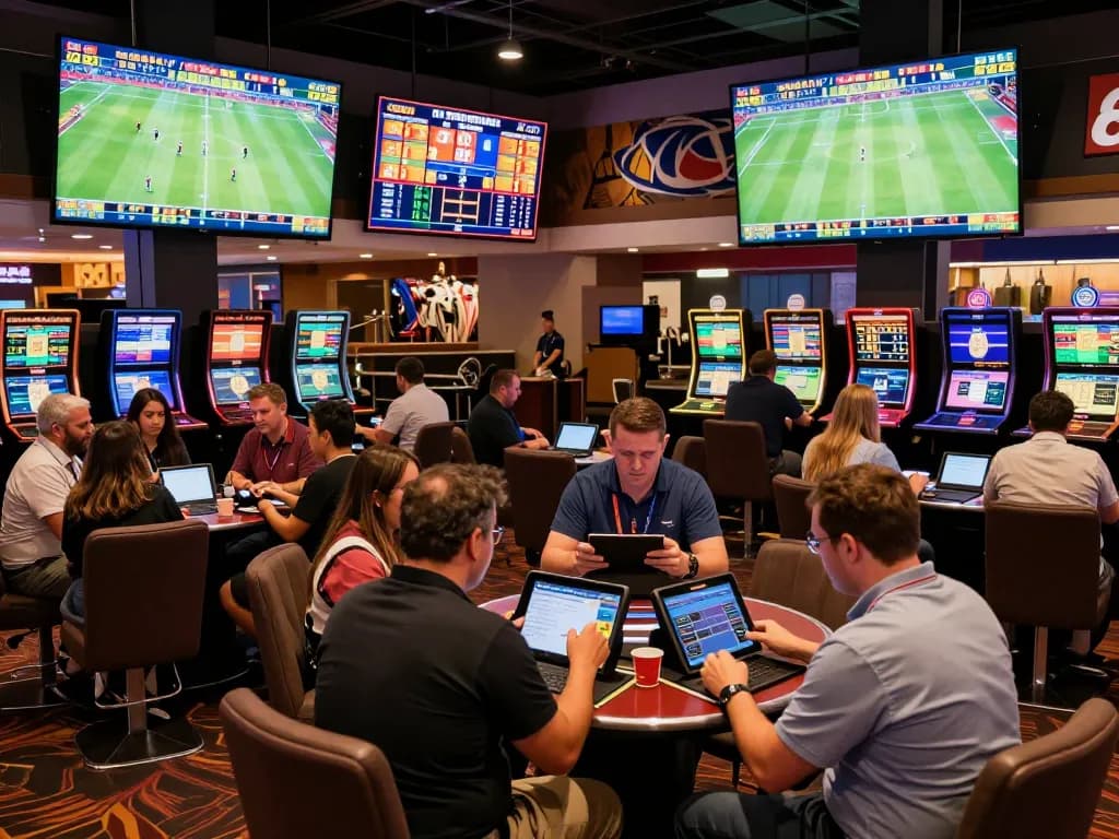 View of passionate bettors analyzing ty le nha cai at a lively sports betting area in a modern casino.