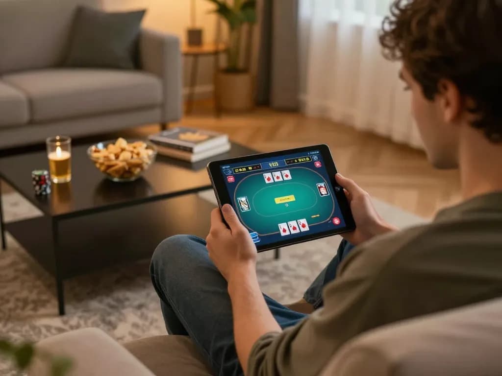 Panda win saat pemain terlibat dalam poker online di rumah, menunjukkan strategi dan kegembiraan.