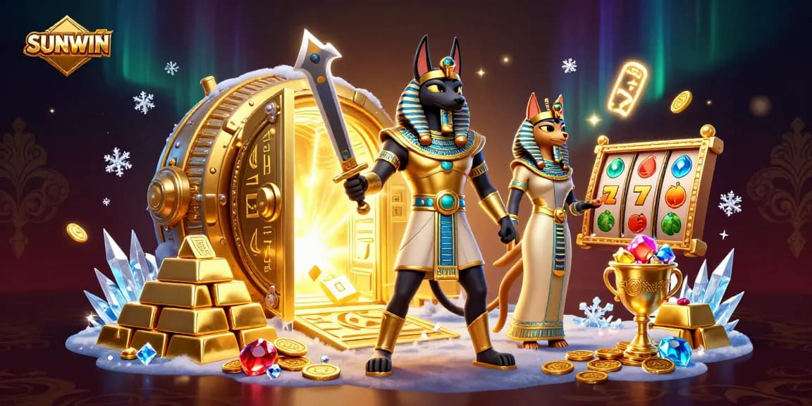 SUNWIN showcases a vibrant scene of ancient Egyptian figures amidst thematic gambling elements like slot reels and treasure.