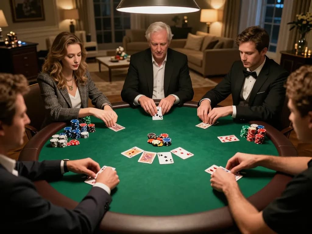 Players enjoying a lively poker night at home with kk vin chips stacked neatly on the table