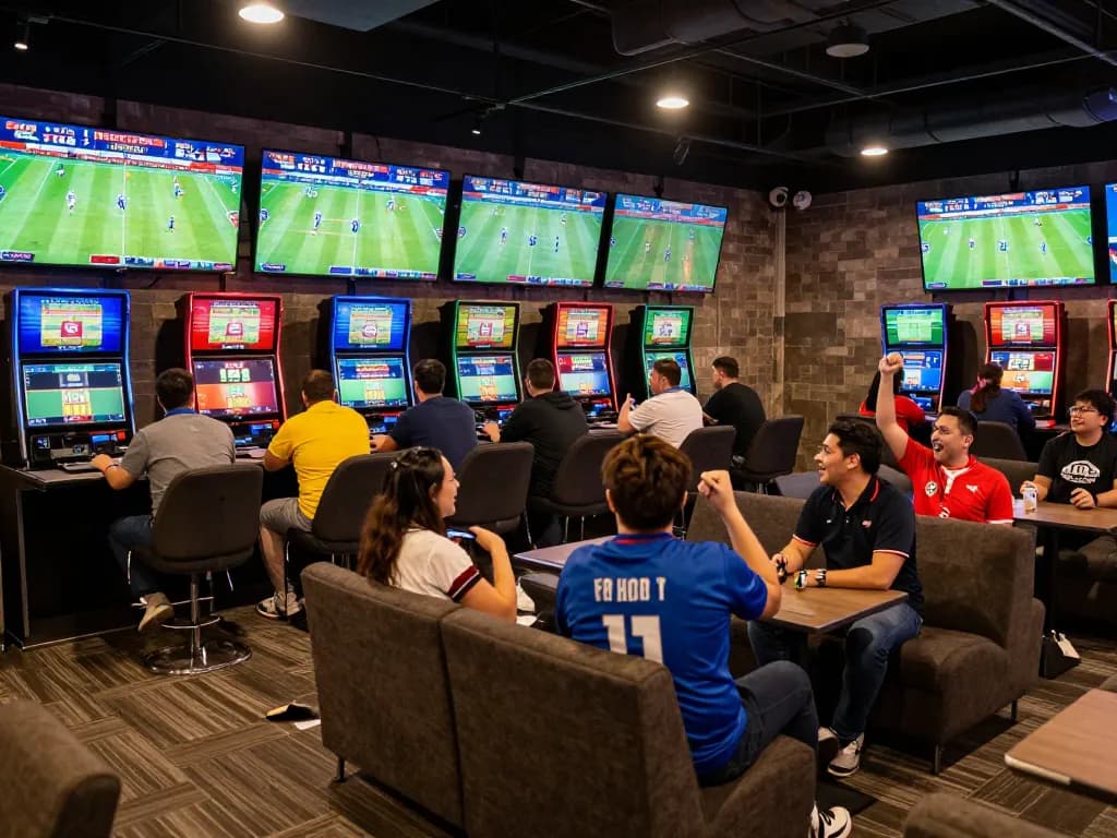 Engaged fans placing bets on kèo nhà cái hôm nay in a lively sports betting lounge.