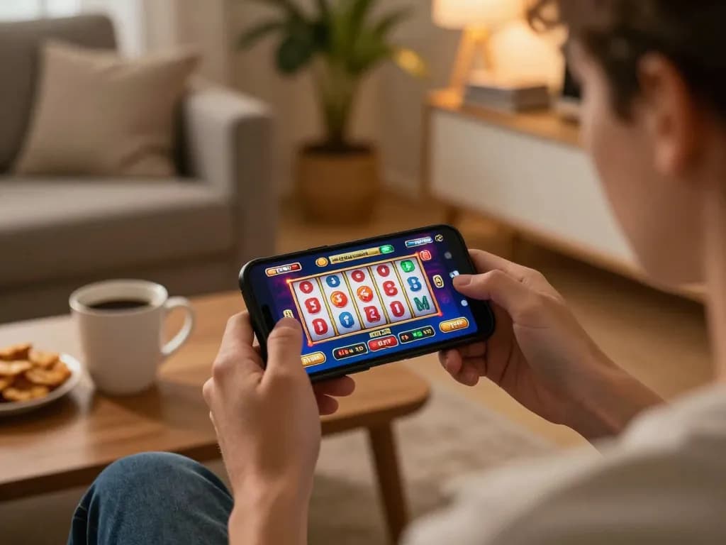 Player engaging with fabet11 mobile casino app, showing exciting slot game interface in cozy home environment.