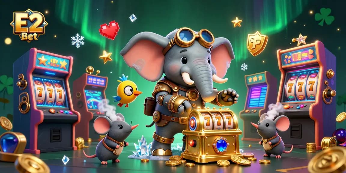 E2 Bet offers exciting gameplay with a steampunk elephant operating golden slot machines in a vibrant casino atmosphere.