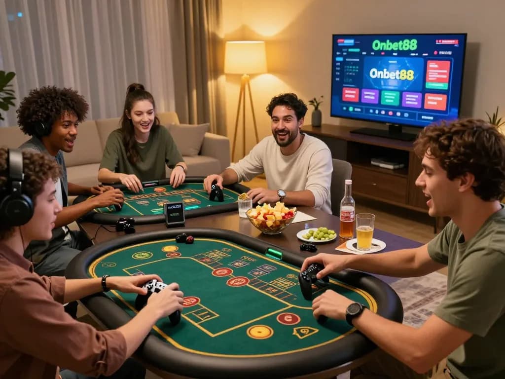 Group of friends enjoying online gaming at home on Onbet88 platform