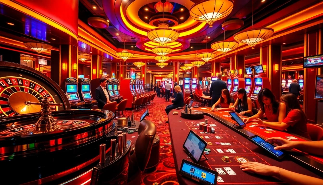 Experience the thrill of 99OK with vibrant casino tables and gaming machines.