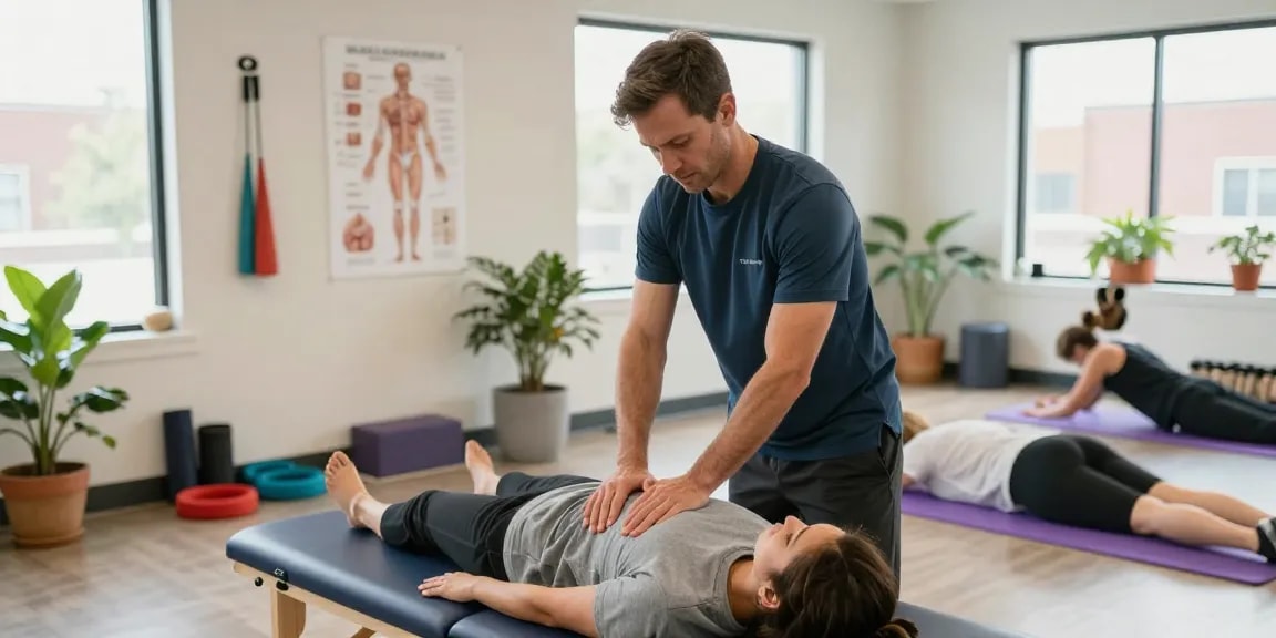 Osteopath Burlington providing hands-on therapy in modern clinic with natural light.
