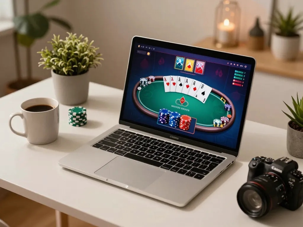 Engaging scene of online poker at nhà cái 8xbet with laptop displaying game interface and cozy atmosphere.