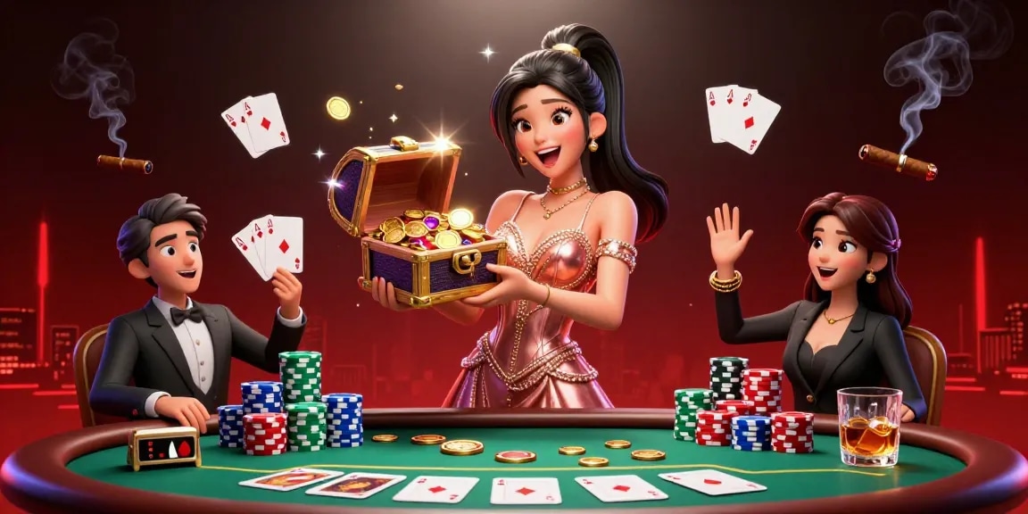 Experience the thrill of casino en ligne francais with a dazzling woman revealing treasures in a vibrant scene.