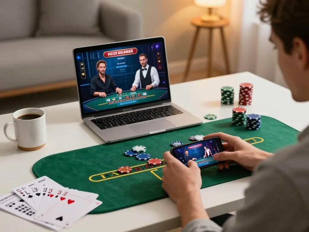 Playing Link Bong88 blackjack live on smartphone, highlighting strategic bankroll management at home.