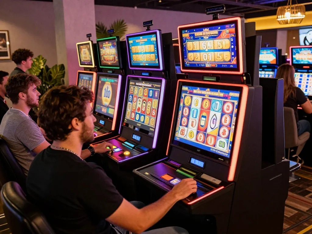 Player enjoying immersive slot 5k gameplay at a colorful online casino, vibrant machines and winning thrills.