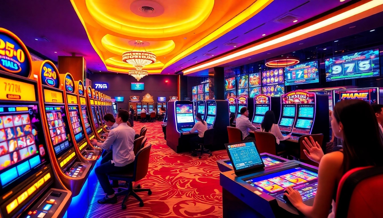 Engaging casino scene illustrating 77win's vibrant online gaming experience with players and bright slot machines.