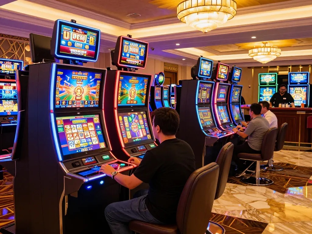 octaslot players celebrating wins at vibrant slot machines in a luxurious casino