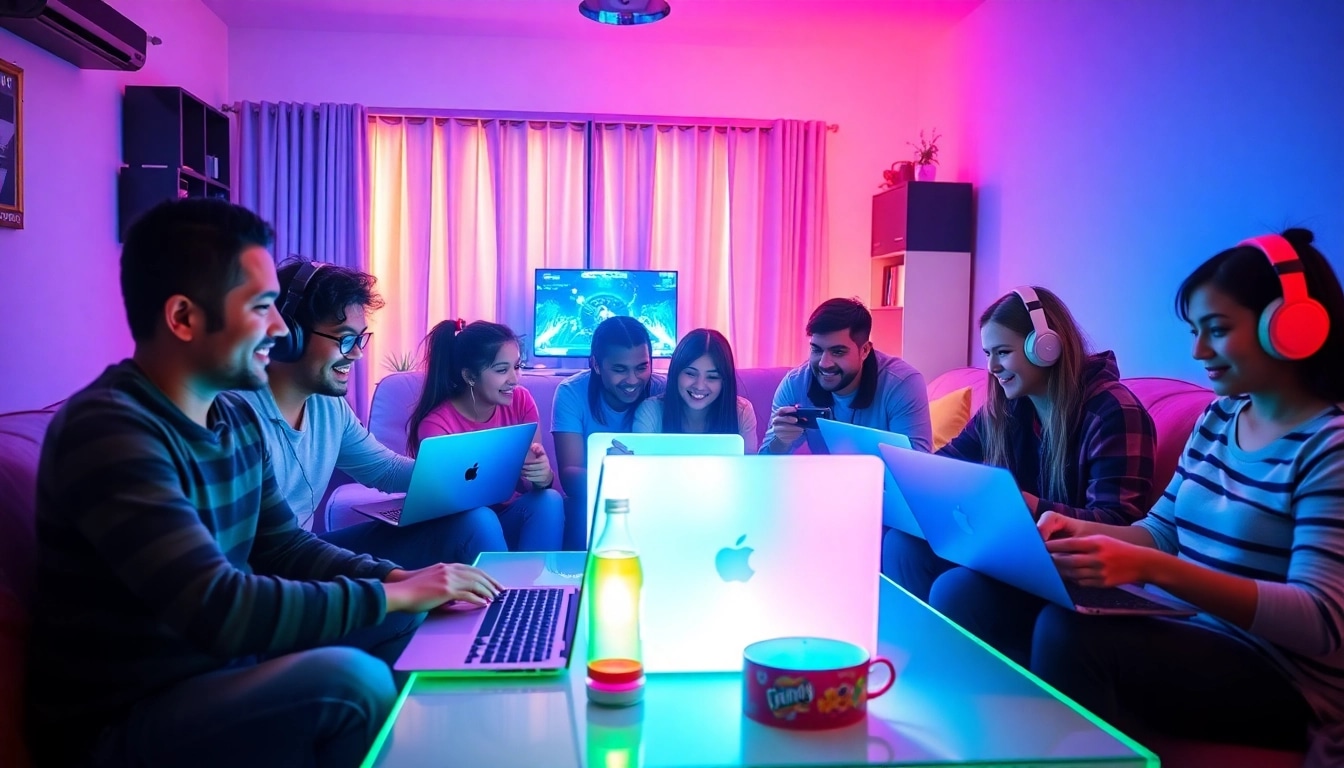 Gamers engaged in an exciting online experience at https://sv66s.net/ with vibrant lighting and modern tech.