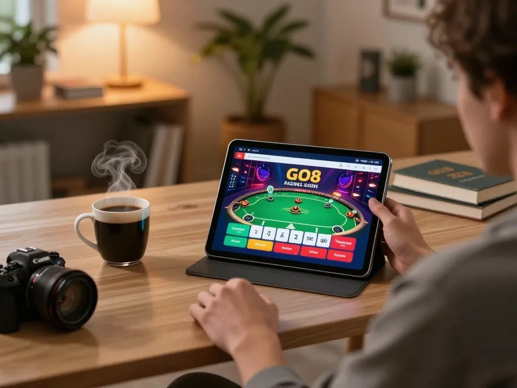 Engaging with the GO8 casino app on a tablet, showcasing a vibrant online gaming environment.