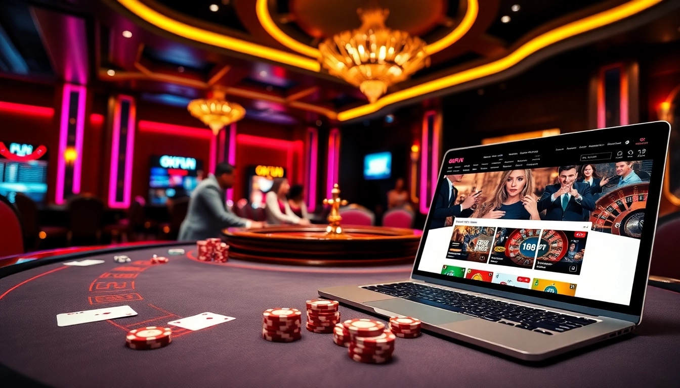 Players enjoying a thrilling game at OKFUN Casino, showcasing vibrant poker chips and cards.