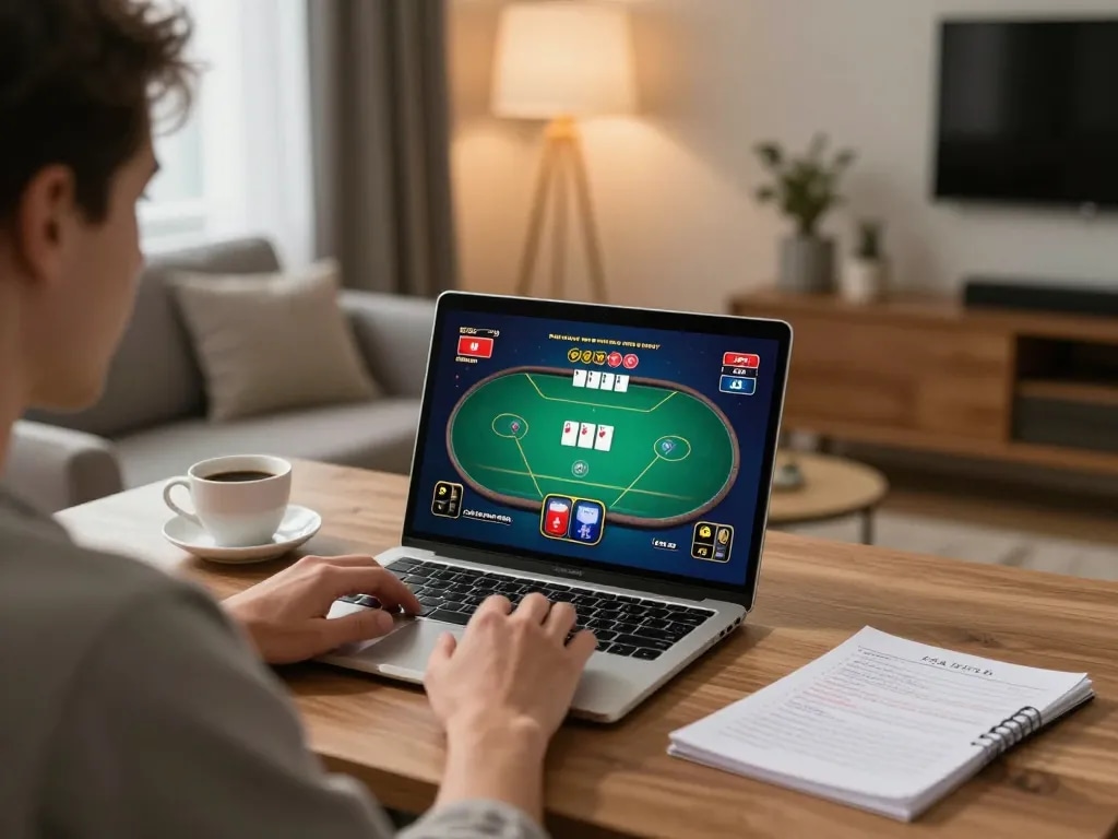 Engage in a strategic online poker game with 68win, showcasing a cozy gaming setup.