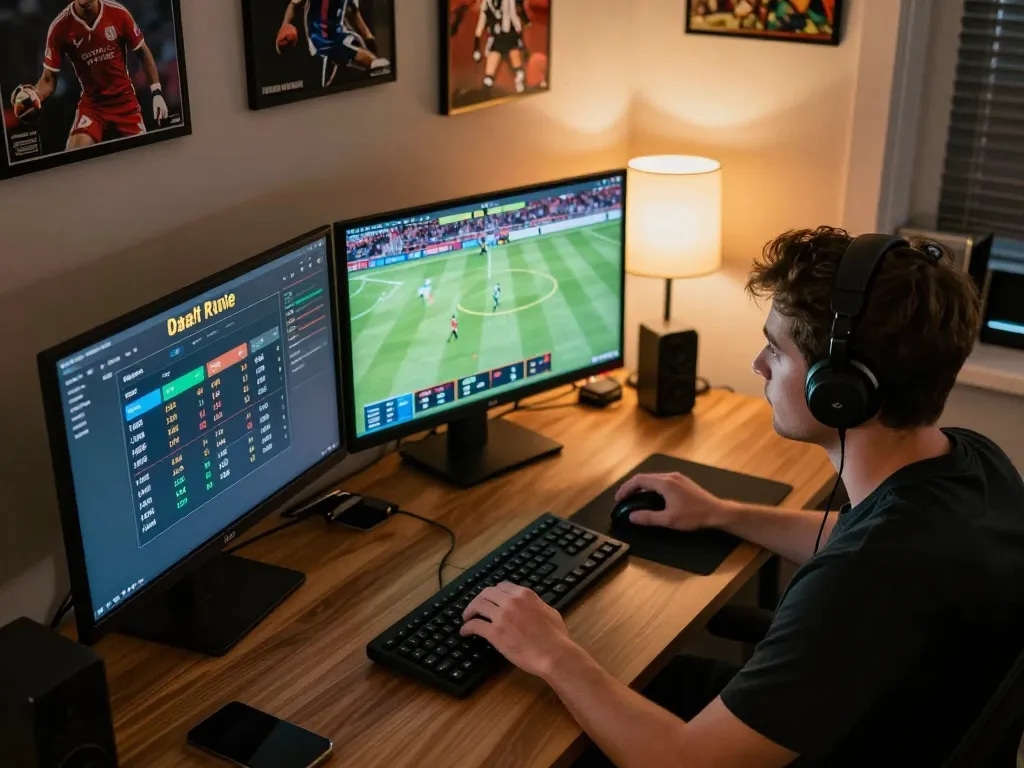 Person engaging with debet betting app on multiple screens in a stylish home setup
