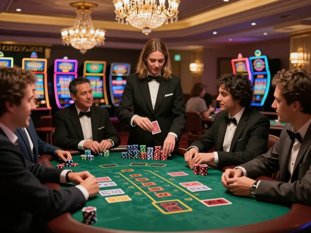 Pemain Trapstarstores terlibat dalam strategi blackjack intens di kasino yang ramai.