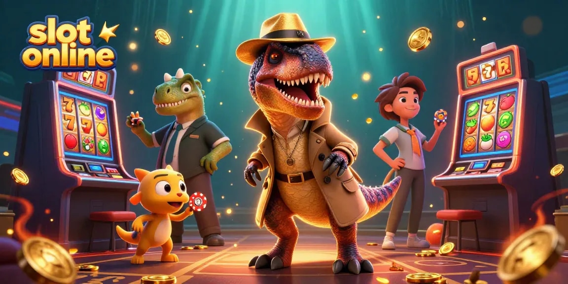 Enjoy slot online with a cartoon velociraptor card counter and friends at a slot machine.