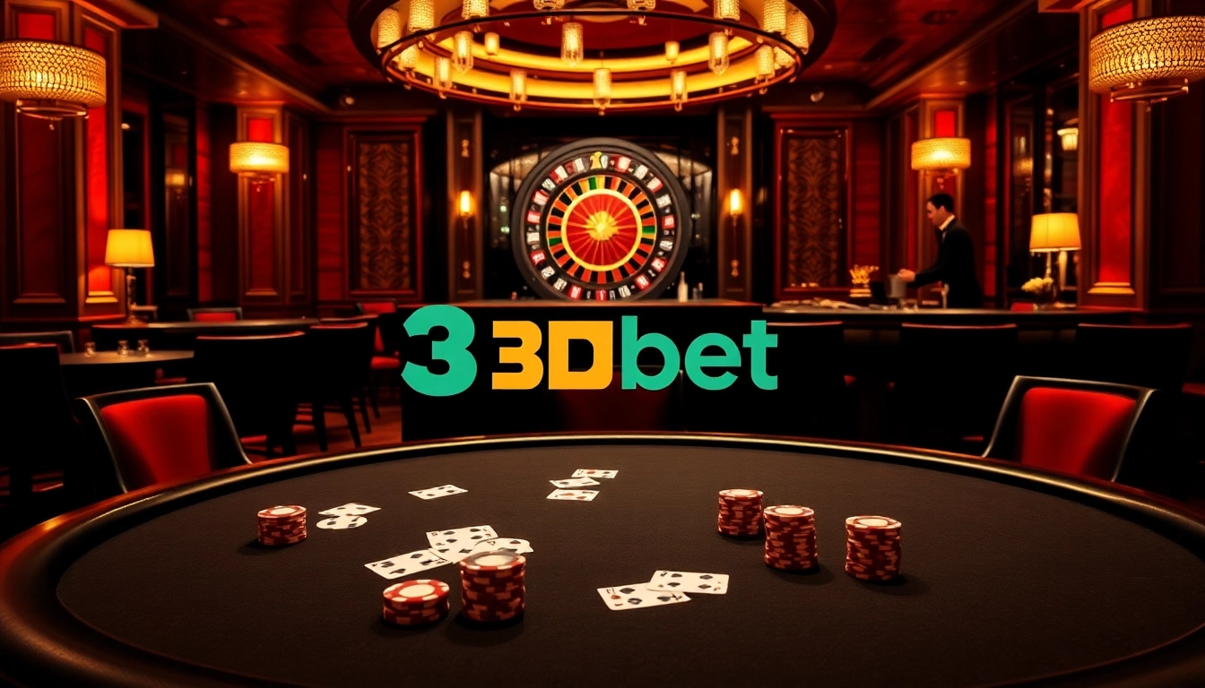 Experience high-stakes gambling at 3Dbet's luxurious casino scene with poker tables and roulette.