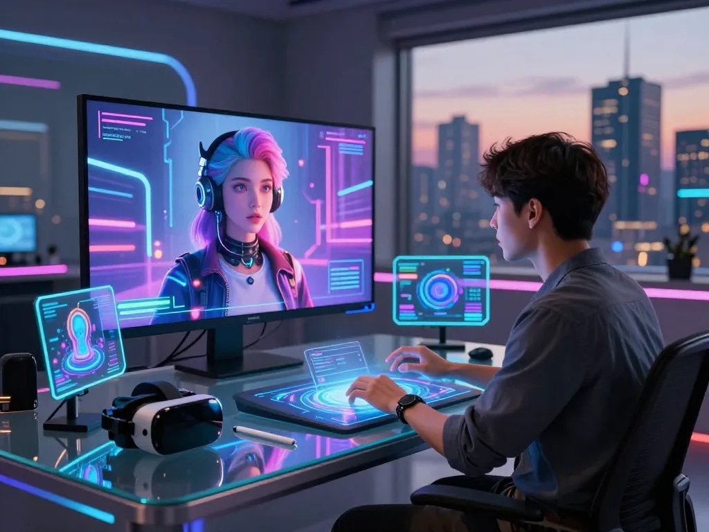 AI NSFW interaction with a user and a lifelike avatar in a futuristic digital workspace