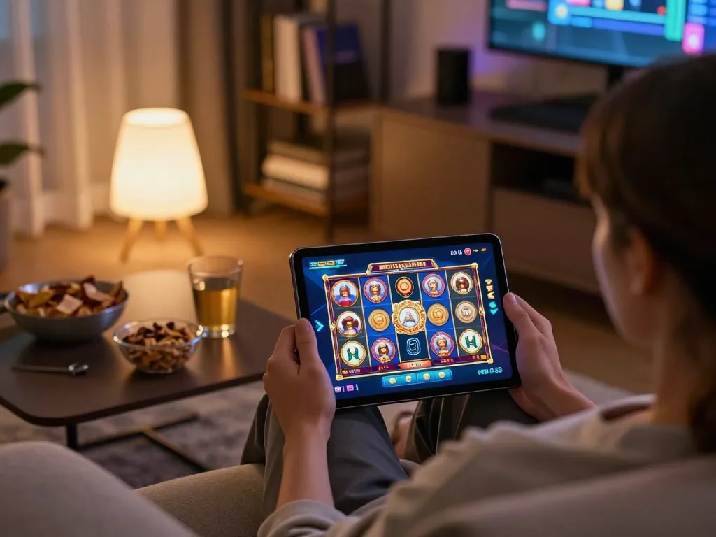 Player relaxing on sofa engaging with slot online gaming interface on tablet in home setting