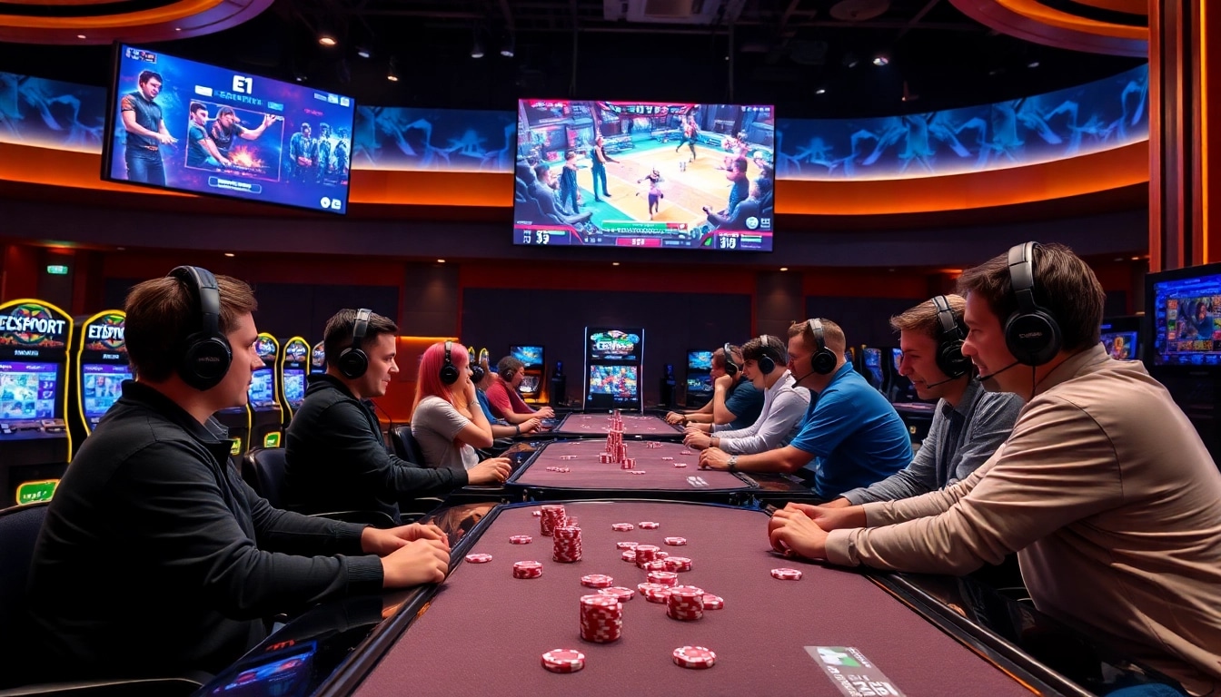 Engaging scene of gamers betting on E1 Sport Esports Provider tournaments in a vibrant casino.
